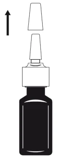 Diagram showing the removal of a protective cap from a medication vial, indicated by an arrow pointing downward
