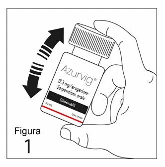 A hand holds a bottle of Azurvig Sildenafil oral suspension with a black arrow indicating an up-and-down shaking motion