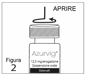 Diagram with a curved arrow indicating to rotate the cap to the left to open the 12.5 mg Azurvig oral suspension bottle
