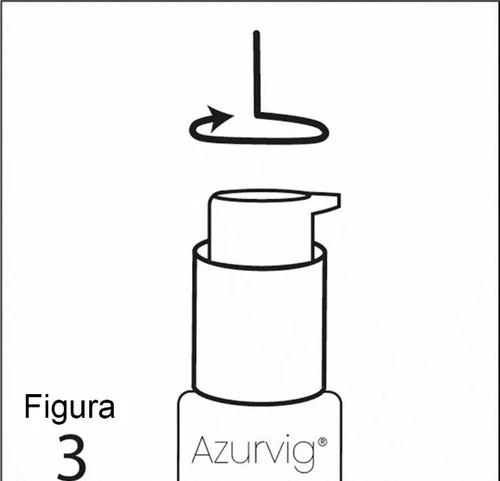 Black-and-white schematic drawing showing a circular arrow above the cap of an Azurvig bottle to indicate the rotation movement