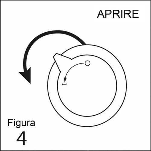 Black-and-white technical drawing showing a circular cap with a curved arrow indicating a left-turn rotation to open