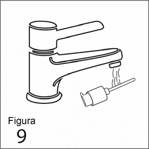 Line drawing of an open tap with water flowing into a medication bottle placed under the stream labeled Figure 9