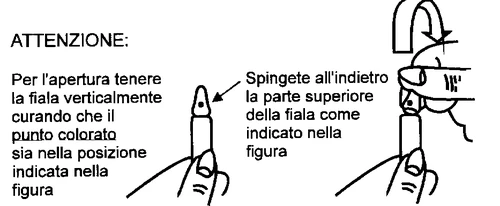 Diagram with instructions for opening a vial by holding it upright and pushing down