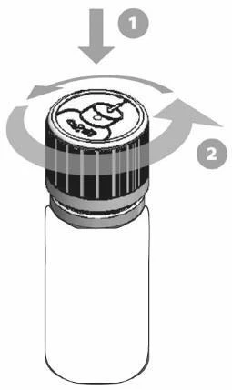 Diagram showing a downward arrow and a circular arrow indicating to press and rotate the cap of a medical bottle