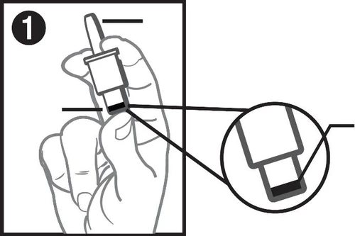 Technical drawing showing a hand holding a medical device with a close-up detail of the dark rectangular tip