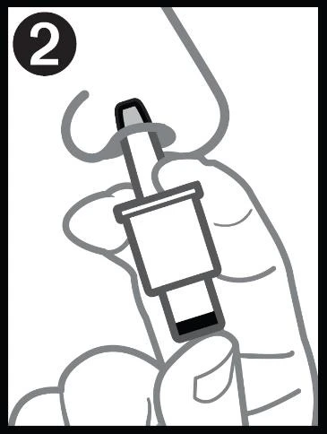 A hand holding an applicator, gently inserting the tip into the nose as indicated by the number two inside a black circle