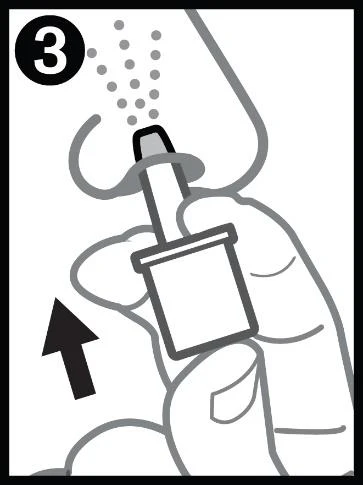 Medical illustration showing a hand inserting a nasal applicator into the nose, with small dots representing the spray being released
