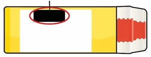 Illustration of a yellow container with a black rectangle circled in red on a white background and a red cap on the right