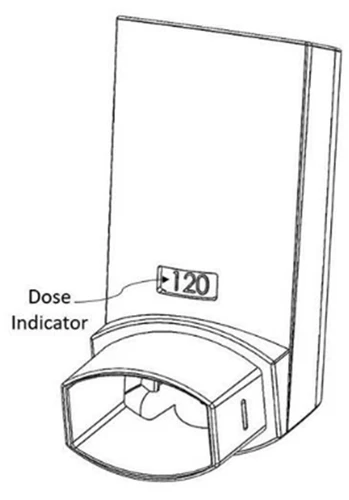 Technical drawing of a medical device with a dose indicator displaying the number 120 on a rectangular surface above a curved base