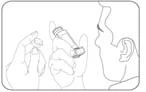 Line drawing showing a person holding a vial in one hand and a cap in the other