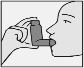 Stylized drawing of a hand holding an inhaler positioned in front of a person's mouth and nose for