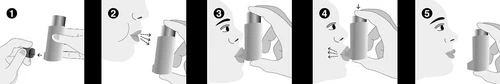 Sequence of five illustrations showing how to bring and position a spray bottle into the mouth for administration