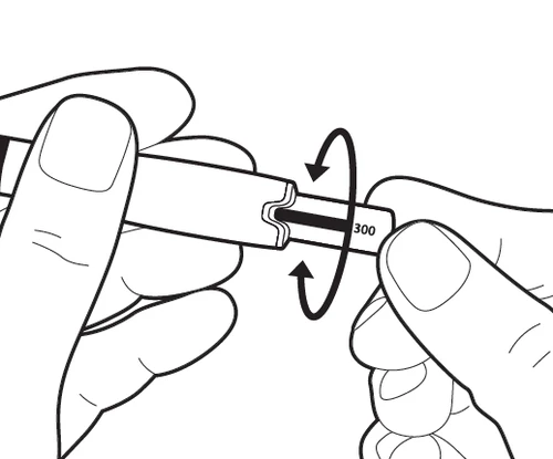 Two hands holding an injection pen, rotating the end part marked 300, indicated by two black curved arrows