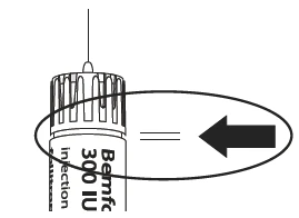 Technical drawing of a syringe labeled Bemfec 300 IU, with a black arrow pointing to the vial body enclosed in an oval