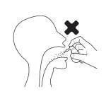 Disegno lineare di un profilo umano con una mano che spruzza un flacone direttamente in bocca sormontato da una croce nera di divieto