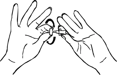 Two hands holding a small medical device and rotating it clockwise as indicated by a black circular arrow