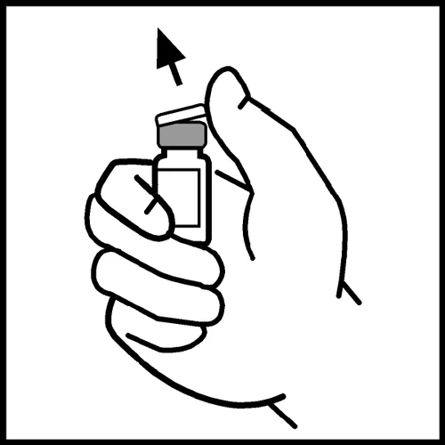 Due mani tengono un flaconcino di medicinale con una freccia nera rivolta verso l'alto che indica il movimento di apertura del tappo