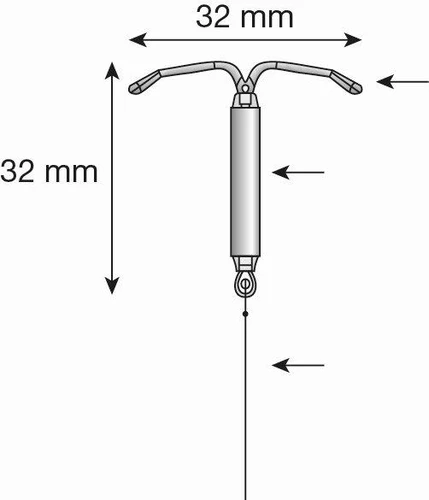 Schema tecnico di un dispositivo medico a forma di T con larghezza e altezza di 32 mm e un sottile filo verticale collegato alla base