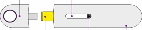 Diagramma tecnico di un dispositivo medico con componenti separati che mostrano un cappuccio, un connettore giallo e un corpo principale con finestra