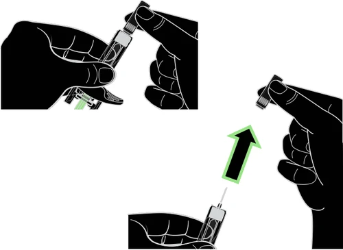 Illustrazione in bianco e nero che mostra due mani che impugnano una siringa per separare o montare un componente con una freccia verde verso l'alto