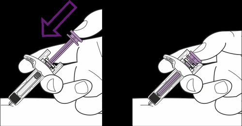 Due illustrazioni che mostrano una mano che impugna una penna iniettore medica per somministrare il farmaco sulla pelle del corpo