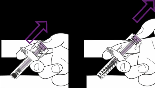Due illustrazioni mostrano mani che impugnano una siringa precompilata inclinata verso l'alto con frecce viola che indicano la direzione del movimento