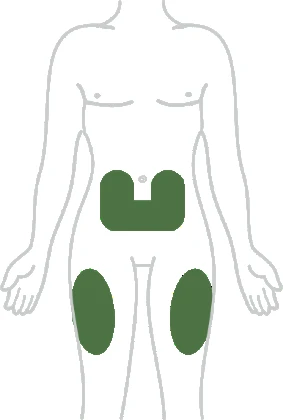Schema stilizzato di un corpo umano con aree verdi evidenziate sull'addome e sulle cosce per indicare i siti di applicazione del farmaco