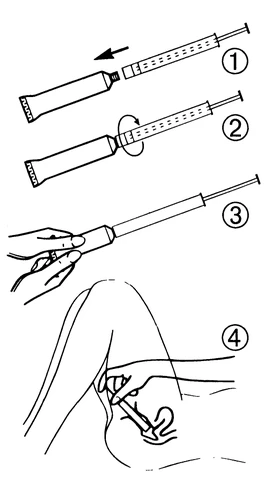 Diagram czterech kroków pokazujący, jak przygotować strzykawkę, wysuwając tłok, obracając go, wciskając i wstrzykując do