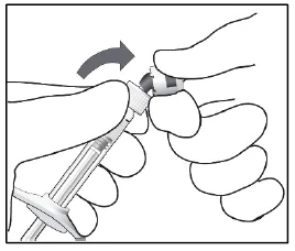 Two hands rotating the upper part of a white medical device connected to a small tube, to attach or unscrew a component