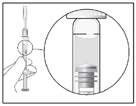 Technical drawing of a hand holding a syringe with a circular magnification showing details of the syringe barrel and liquid