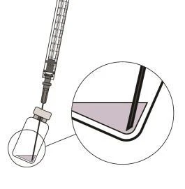 Diagram showing a syringe with needle inserted into the stopper of a glass vial, with a magnified view of the detail of the