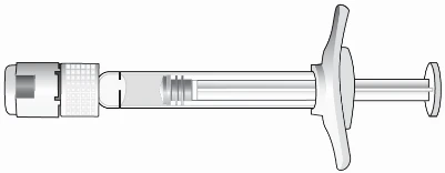 Technical drawing of a horizontal syringe with transparent barrel, plunger with butterfly handle, and tip with gray protective cap