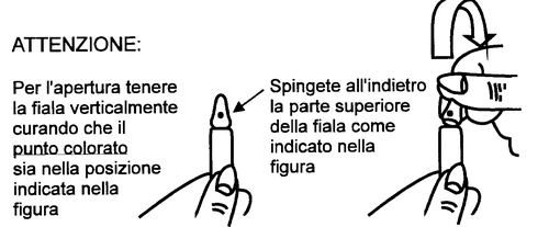 Disegno tecnico che mostra come tenere una fiala verticalmente con un punto colorato e spingere indietro la parte superiore per l'apertura