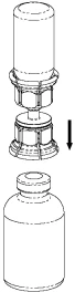Technical drawing of a vial with a screw cap and an upper component being inserted downward, indicated by a black arrow