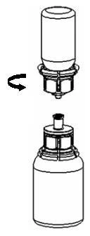 Diagram showing the assembly of a cylindrical container onto a vial via rotation indicated by a black curved arrow