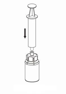 Technical drawing of a syringe being pressed downward to insert