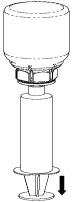 Black and white technical drawing of a cylindrical medical device with an upper button and a black downward-pointing arrow at the base