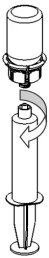 Technical diagram showing the rotational movement of an upper cylindrical cap to screw it onto a lower cylindrical body with a flat base