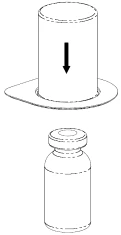 Technical drawing of a cylinder with a downward-pointing arrow positioned above a glass vial with a crown cap