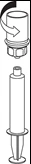 Technical diagram showing the detachment of an upper cylindrical cap from an underlying syringe body via a rightward rotational movement