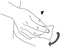 A hand holding a cloth and rubbing it in a rotational motion on the body's skin to clean the application area