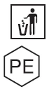 Icona nera di una persona che getta rifiuti in un cestino sopra un esagono contenente le lettere PE in stampatello maiuscolo