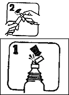Disegno tecnico in due passaggi che mostra come scuotere un flacone di medicinale e poi manipolare il tappo con le mani