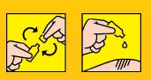 Due illustrazioni su sfondo giallo mostrano mani che agitano un flaconcino e poi ne versano una goccia su una superficie cutanea