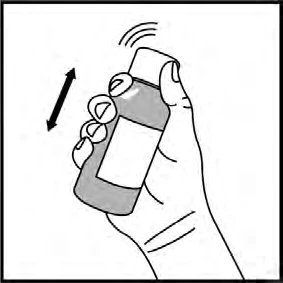 Una mano tiene un flacone con una freccia a doppia punta che indica un movimento di scuotimento verticale per mescolare il contenuto
