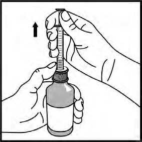 Due mani che preparano un farmaco, una tiene un flacone di vetro e l'altra inserisce un pistone in una siringa con una freccia verso l'alto