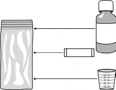 Diagramma con frecce che collegano una bustina di polvere, una fiala di liquido, una siringa e un misurino graduato da 50 ml