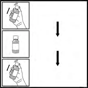 Tre diagrammi illustrano come scuotere un flaconcino di medicinale verso il basso con una mano seguendo la direzione delle frecce nere