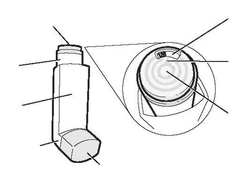 Disegno tecnico di un inalatore con ingrandimento del dosatore circolare superiore che mostra la scala graduata per il controllo del farmaco