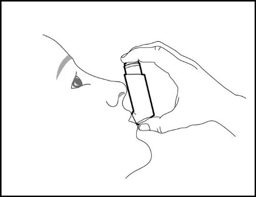 Disegno lineare di una persona di profilo che tiene un flacone spray vicino alla narice destra per l'inalazione del farmaco